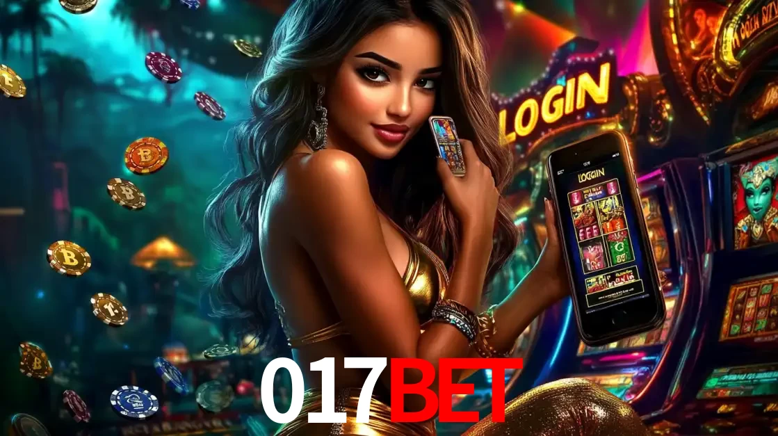 Mulher em um cenário de cassino temático de aventura, mostrando o app de caça-níqueis da 017bet no celular. Fichas de apostas flutuam ao redor.