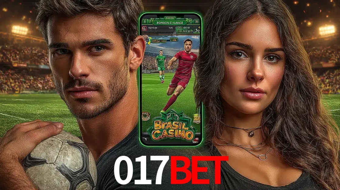 Homem segurando uma bola de futebol e uma mulher ao lado de um smartphone exibindo o jogo de apostas esportivas da 017bet. Faça seu palpite no cassino online.